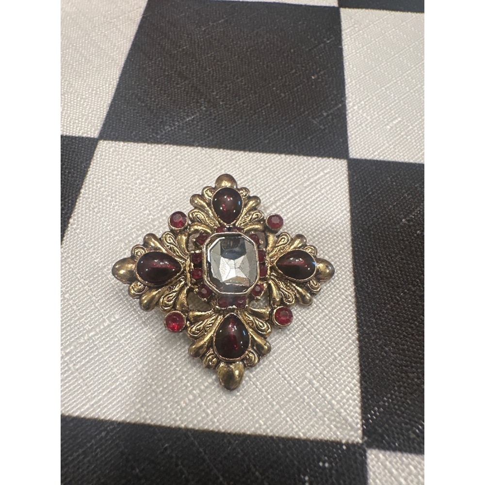 Vintage Maltese Cross Pendant Gold Tone Red Clear Crystal Victorian Style
Granny